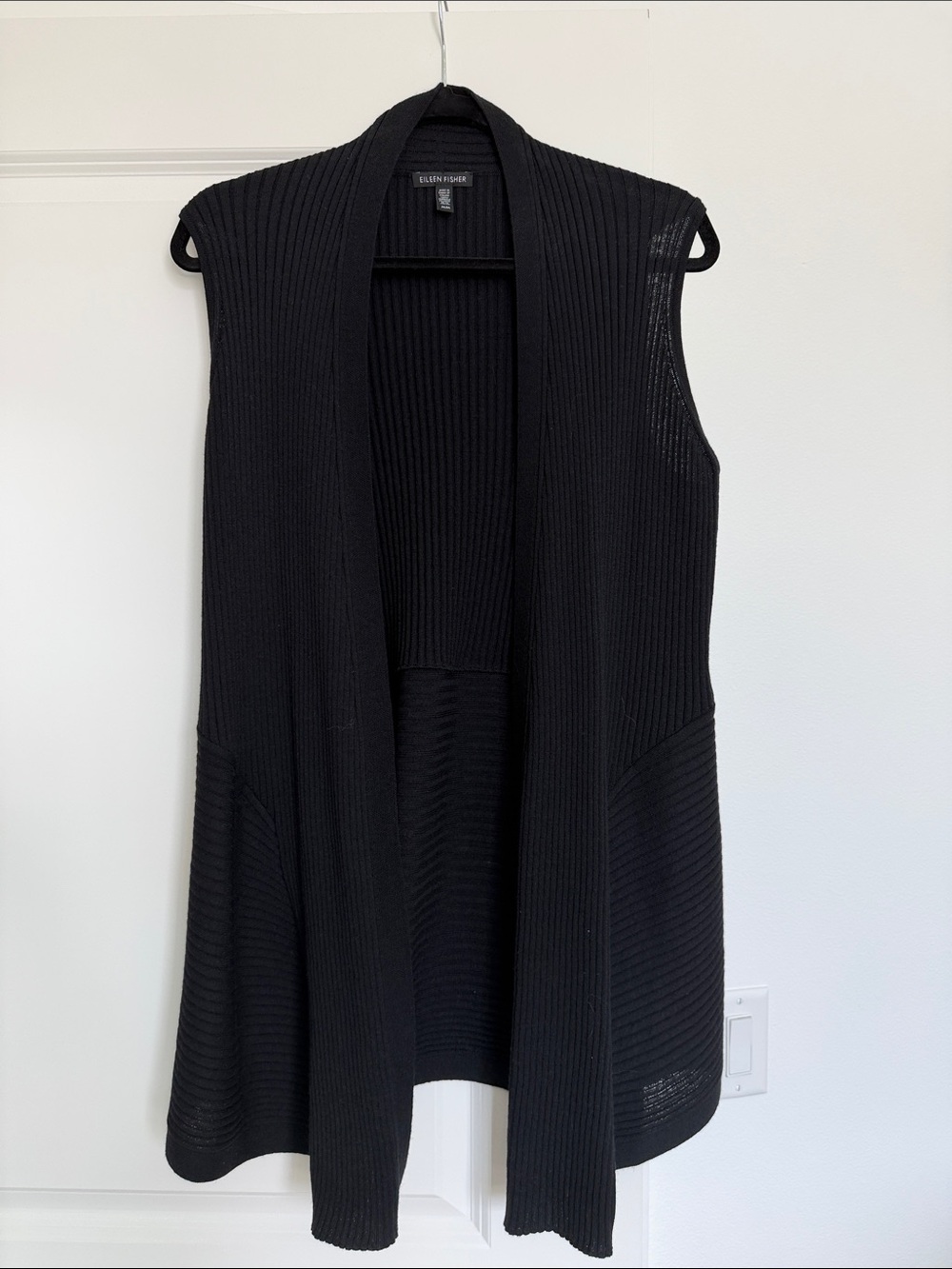Eileen Fisher Black Ribbed Sleeveless Open Front Cardigan Vest